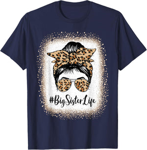 Big Sister Life Bleached Sister Girl Leopard Messy Bun T-Shirt - T-Shirt | Navy