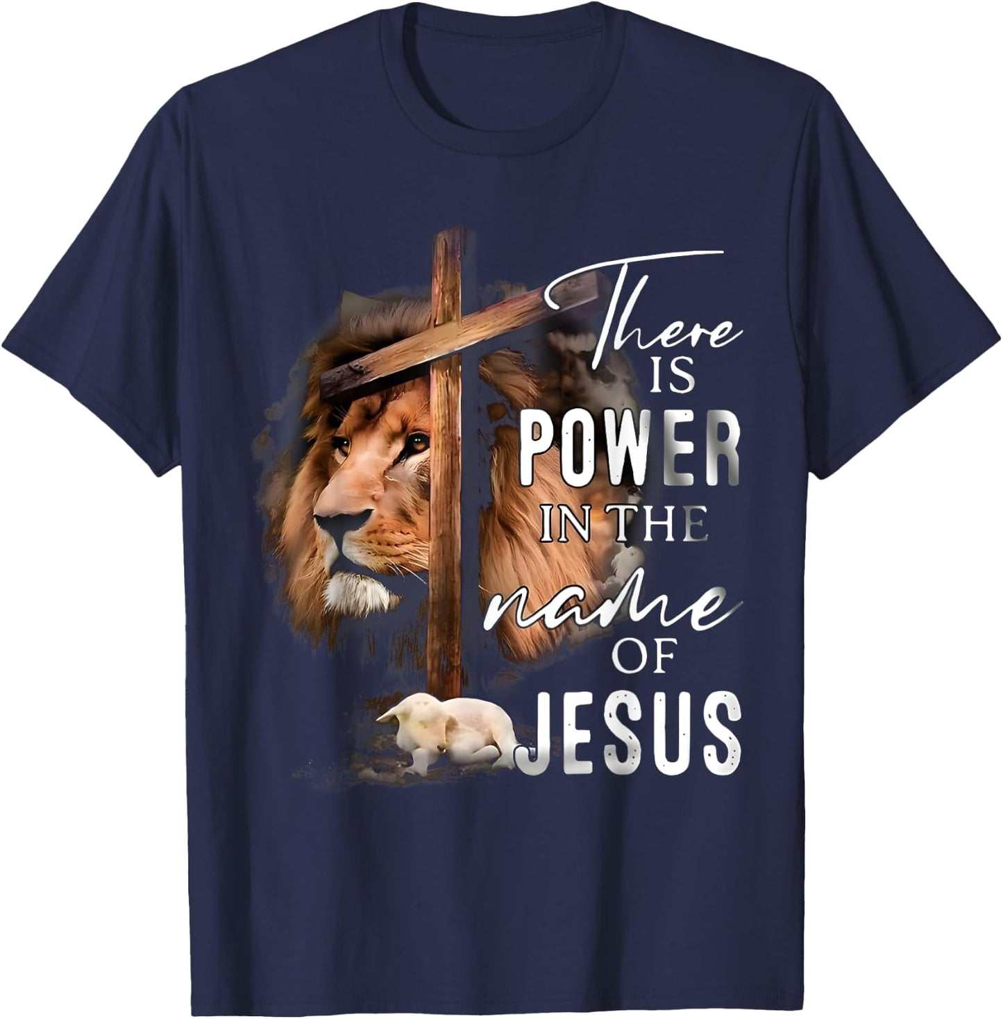 There is Power in the Name Jesus Faith Lion Christian Christ T-Shirt - T-Shirt | Navy