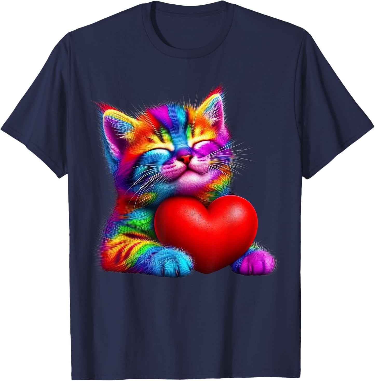 Rainbow Cute Cat Hugging Valentine Heart Kitty Love Cat T-Shirt - T-Shirt | Navy