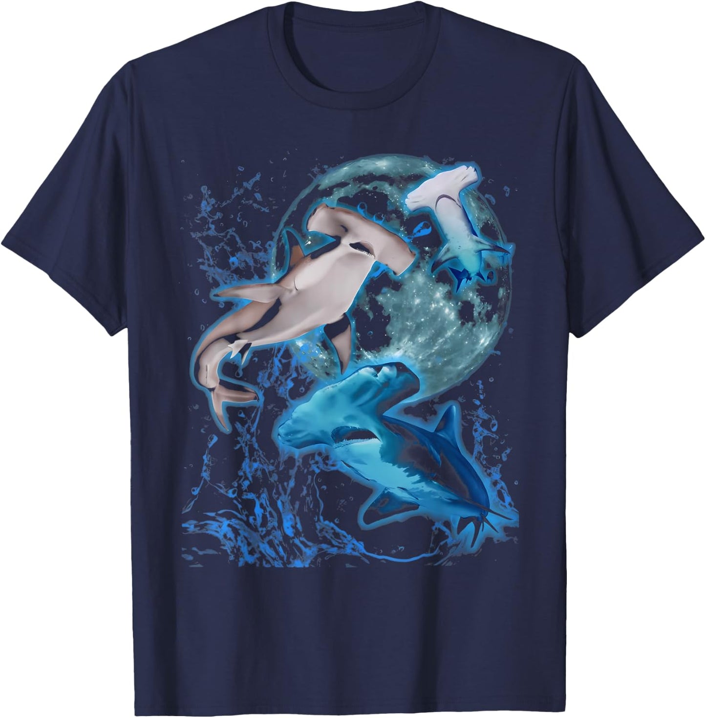 Vintage Three Hammerhead Shark Howling Moon Marine Biologist T-Shirt - T-Shirt | Navy