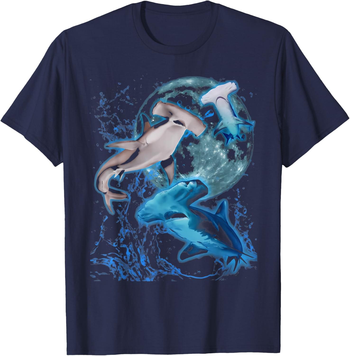 Vintage Three Hammerhead Shark Howling Moon Marine Biologist T-Shirt - T-Shirt | Navy