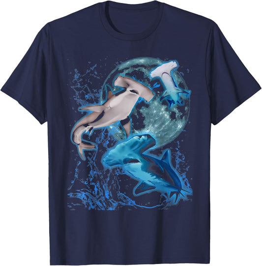 Vintage Three Hammerhead Shark Howling Moon Marine Biologist T-Shirt - T-Shirt | Navy
