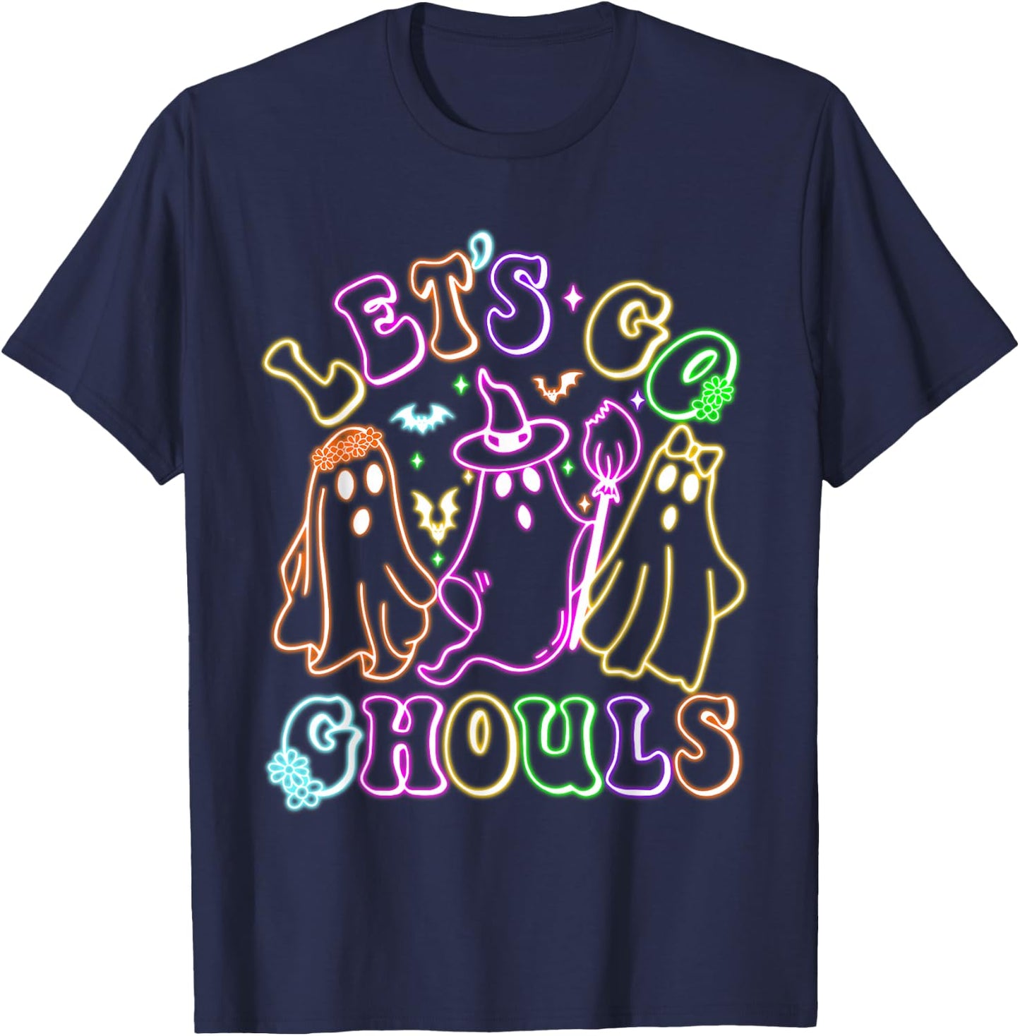 Retro Lets Go Ghouls Halloween Spooky Ghost Colorful Glowing T-Shirt - T-Shirt | Navy