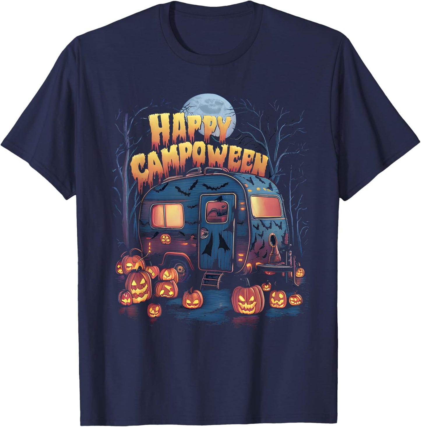 Happy Camp-O-Ween Halloween Camping Ghosts and Campfires T-Shirt - T-Shirt | Navy