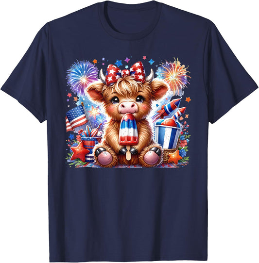 4th Of July Highland Cow Popsicle Firework USA American T-Shirt - T-Shirt | Navy