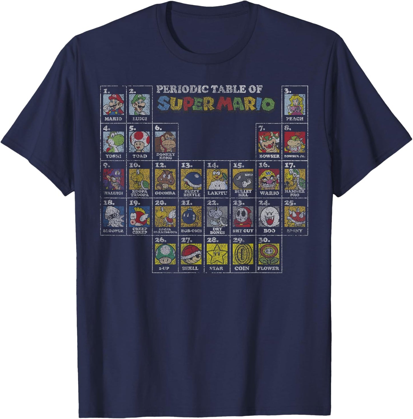 Super Mario Periodic Table Of Character Panel Grid T-Shirt - T-Shirt | Navy
