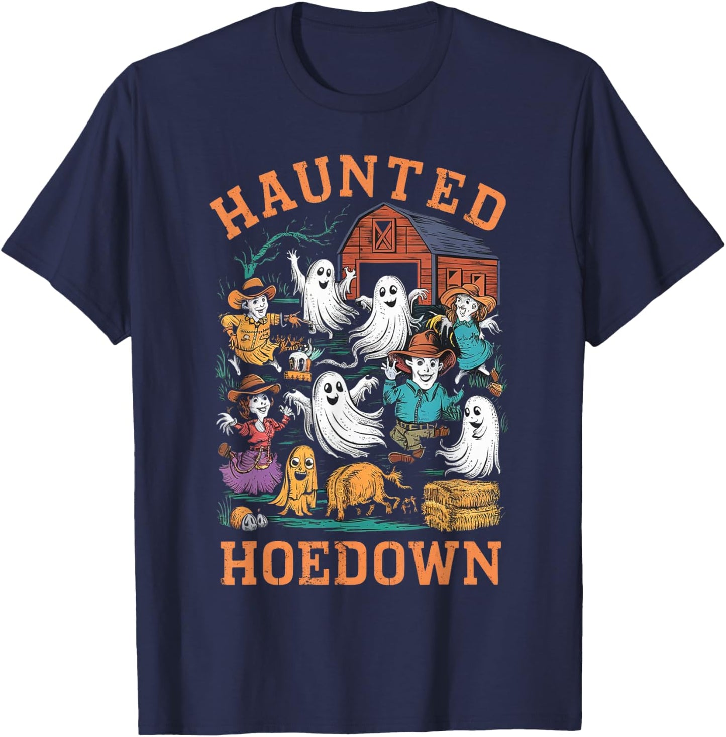 Cowboy Scarecrow Boo Ghost Haunted Hoedown Farm Halloween T-Shirt - T-Shirt | Navy