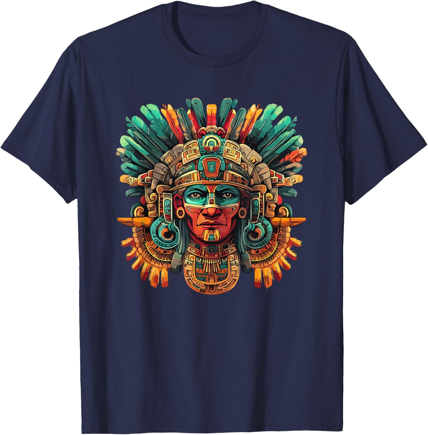 Mayan Tribal Warrior Mask Feather Headdress T-Shirt - T-Shirt | Navy