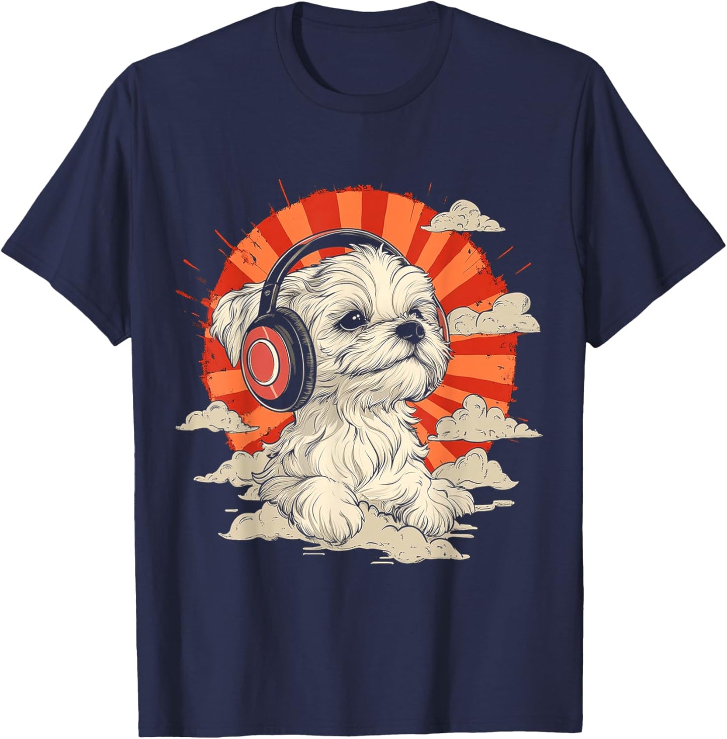 Maltese Dog Motif Pet Art Music Headphone Maltese T-Shirt - T-Shirt | Navy