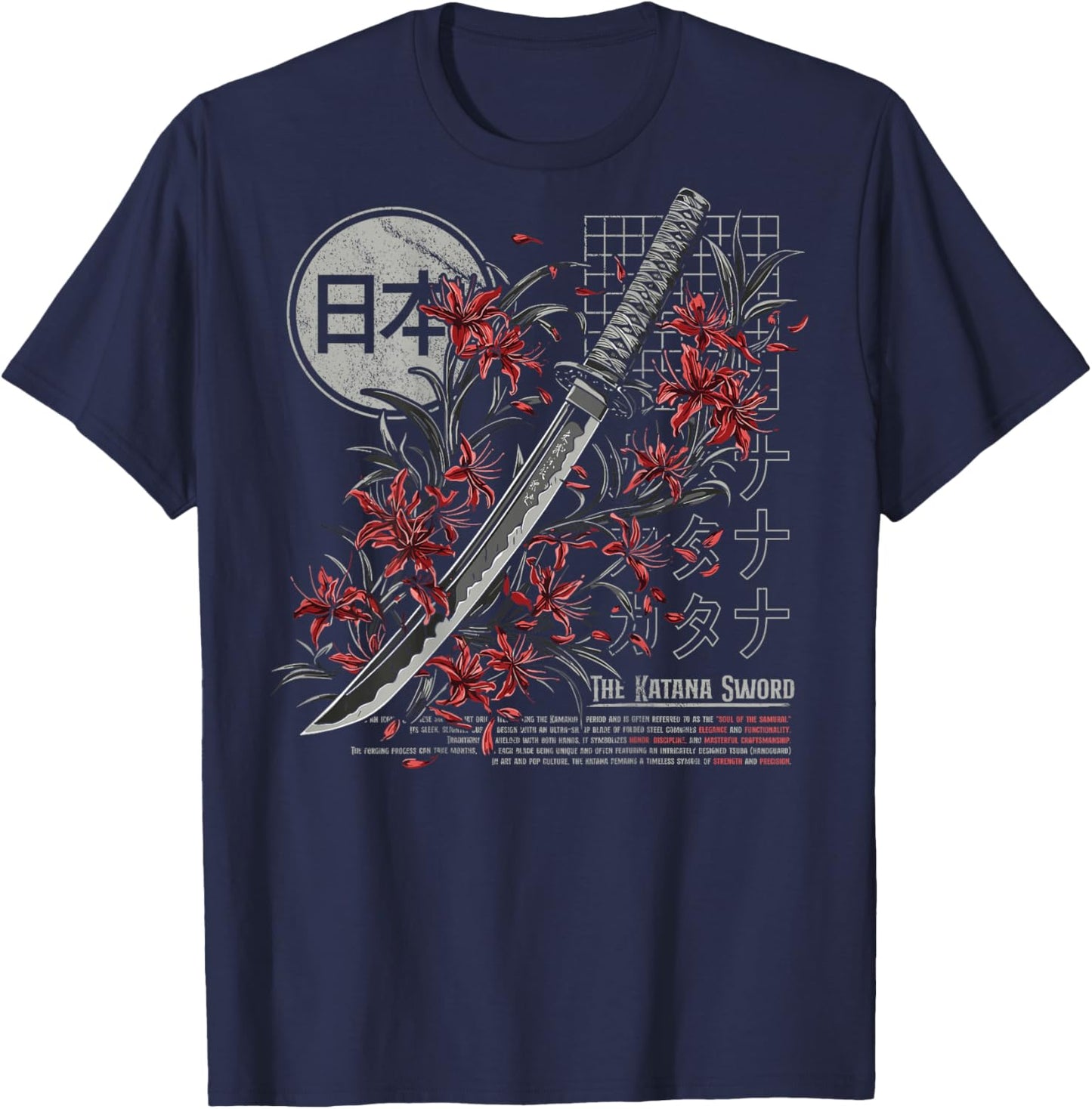 Red Spider Lily Flower Japanese Katana Sword Backprinted T-Shirt - T-Shirt | Navy