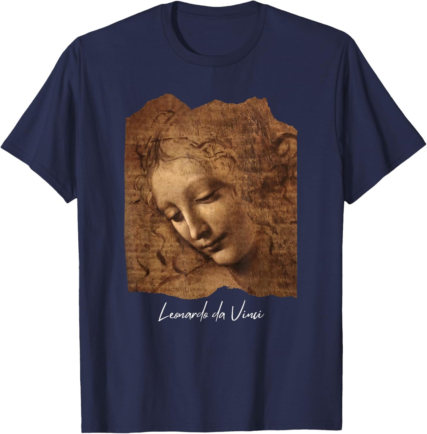 Head of a Young Woman by Leonardo da Vinci Famous Painting T-Shirt - T-Shirt | Navy