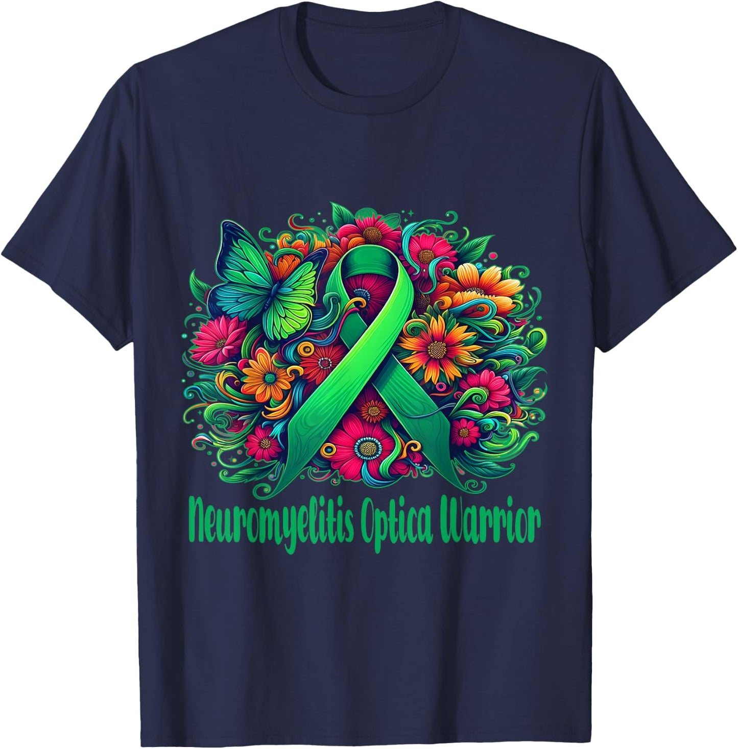 neuromyelitis optica Awareness green floral and ribbon T-Shirt - T-Shirt | Navy