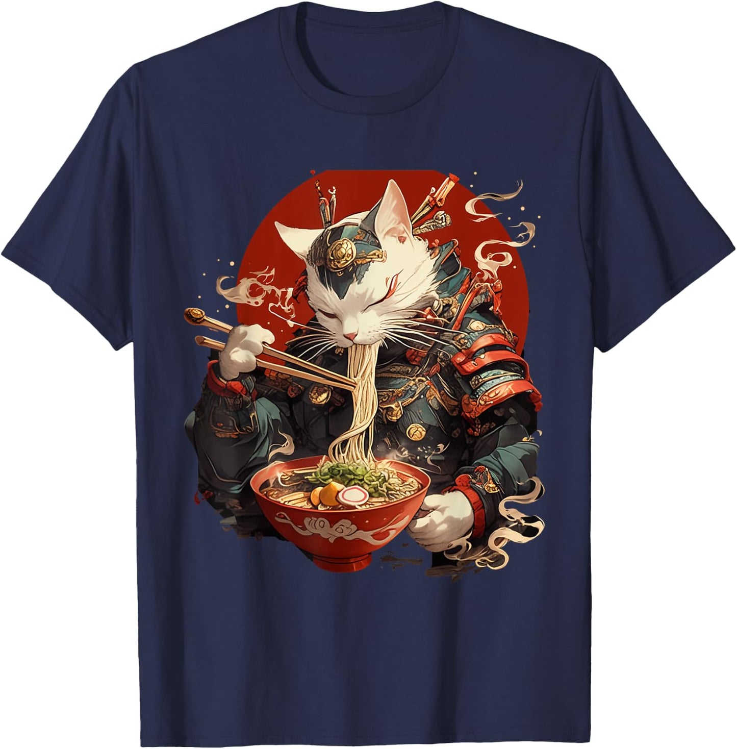 Japanese Art Ramen Cat Ninja Ukiyo-e Anime Style Samurai Cat T-Shirt - T-Shirt | Navy