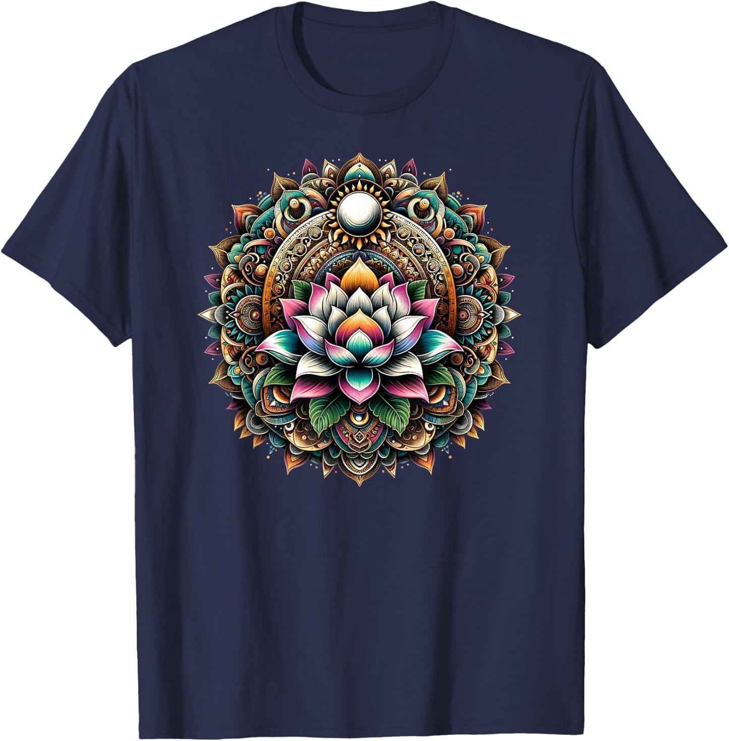 Lotus Blossom Mandala Circle Enchantment Spiritual Yoga T-Shirt - T-Shirt | Navy