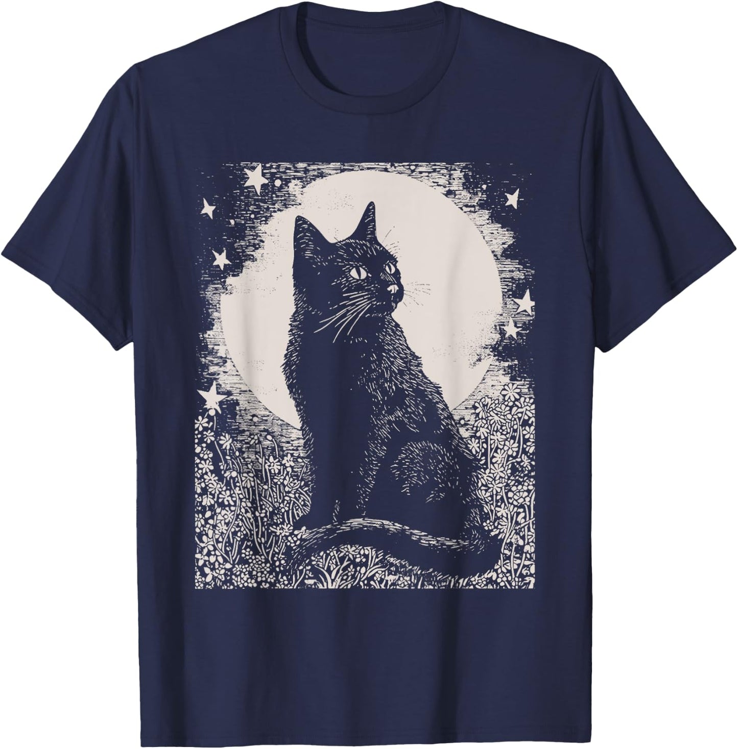 Gothic Black Cat in Garden Plant Flower Witch Halloween Men Women T-Shirt - T-Shirt | Navy