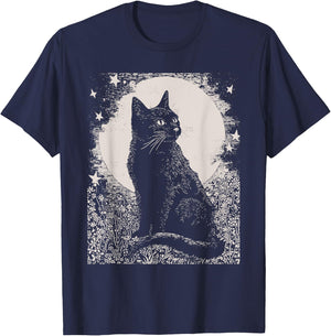 Gothic Black Cat in Garden Plant Flower Witch Halloween Men Women T-Shirt - T-Shirt | Navy
