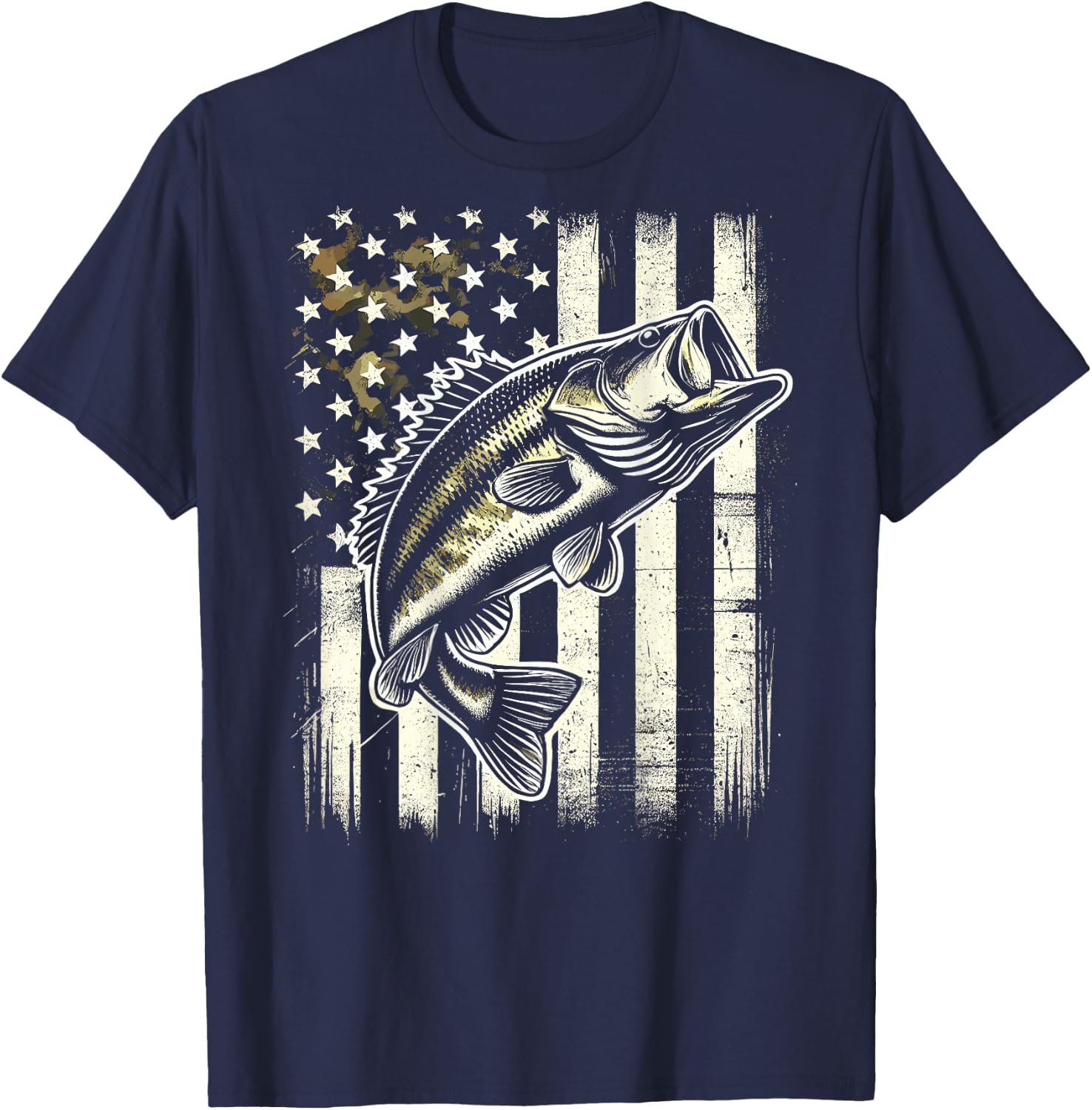 American Flag Camo Bass Fish Fishing T-Shirt - T-Shirt | Navy