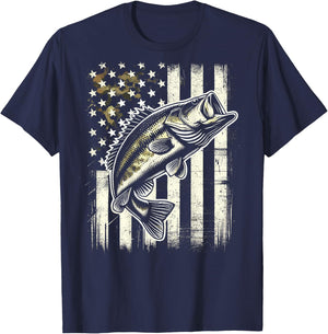 American Flag Camo Bass Fish Fishing T-Shirt - T-Shirt | Navy