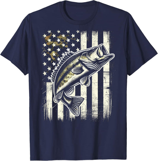 American Flag Camo Bass Fish Fishing T-Shirt - T-Shirt | Navy
