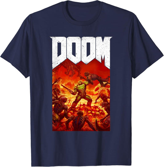 Doom Full Color Retro Cover Art with Logo Vintage Video Game T-Shirt - T-Shirt | Navy