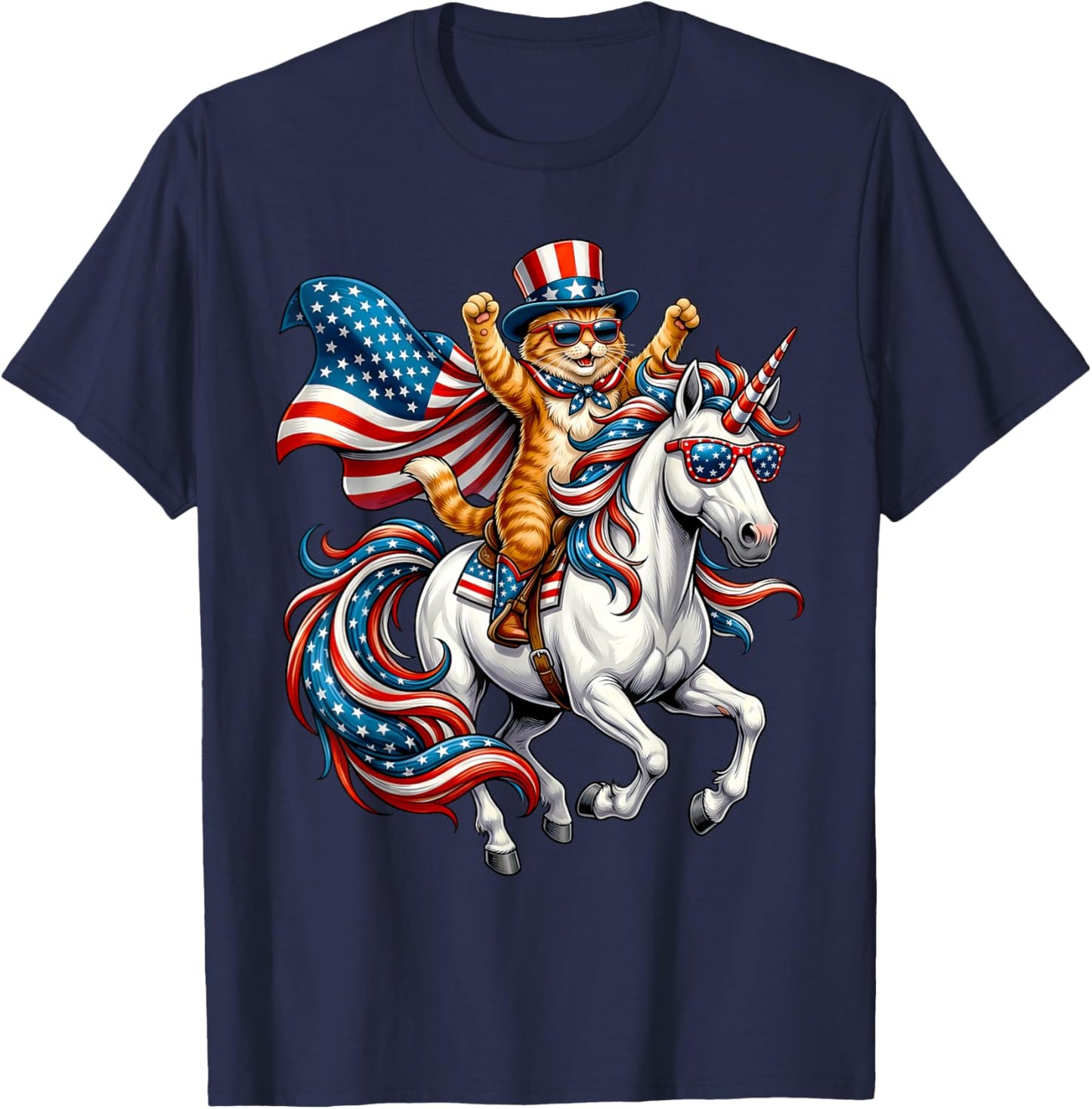 Funny Cat Unicorn America USA Flag Patriotic 4th of July T-Shirt - T-Shirt | Navy