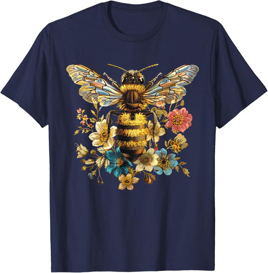 Retro Floral Bee T-Shirt - T-Shirt | Navy
