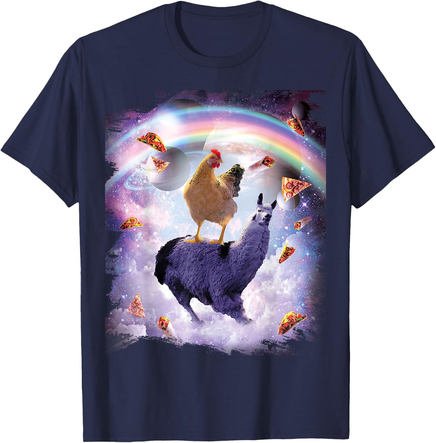 Chicken Riding Llama in Space - Rainbow T-Shirt - T-Shirt | Navy