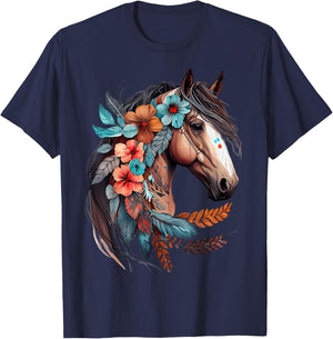 Floral Wild Horse Country Horse Riding T-Shirt - T-Shirt | Navy