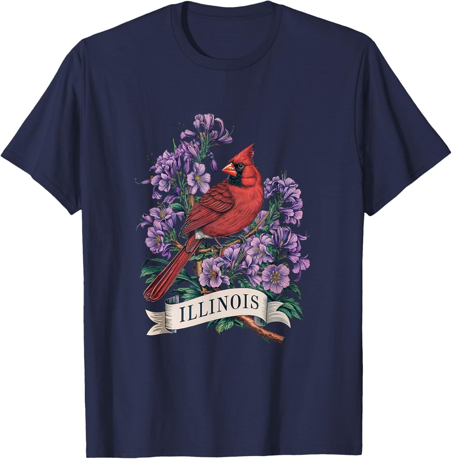 Illinois Northern Cardinal Bird and Violet Flower T-Shirt - T-Shirt | Navy