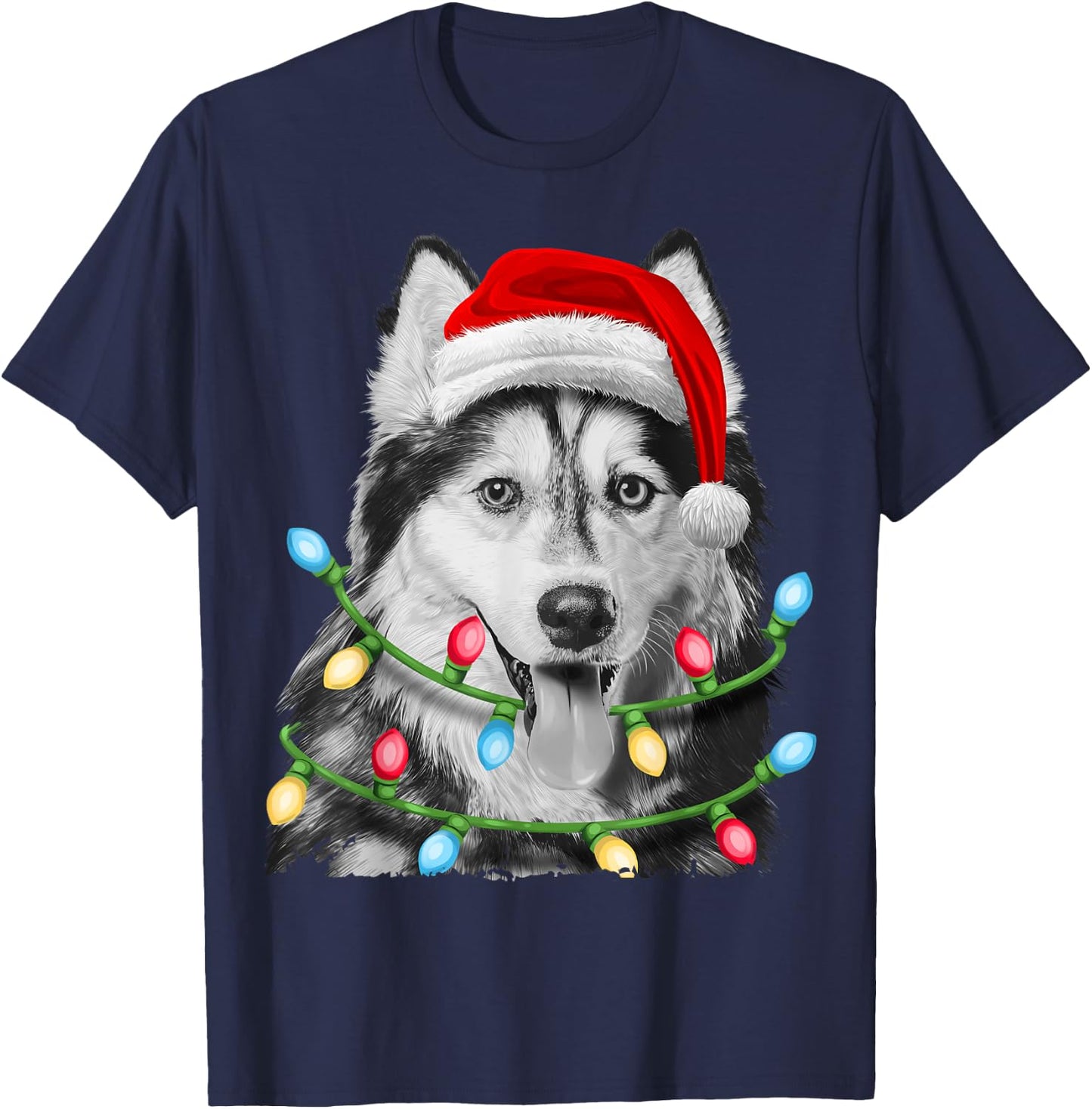 Siberian Husky Santa Christmas Tree Lights Xmas Boys Dog T-Shirt - T-Shirt | Navy
