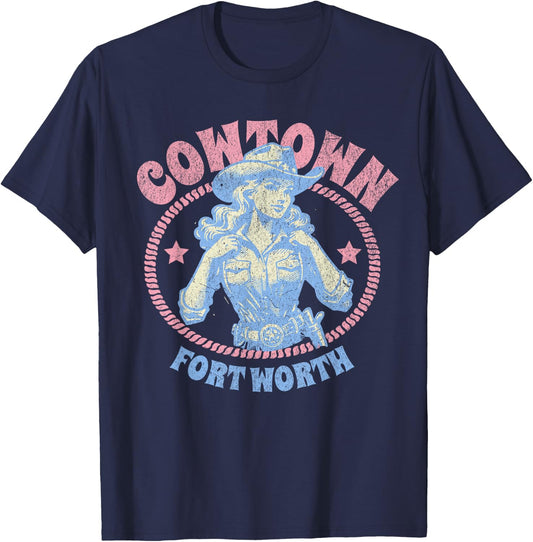 Cowtown Fort Worth Texas Retro Western Cowgirl T-Shirt - T-Shirt | Navy