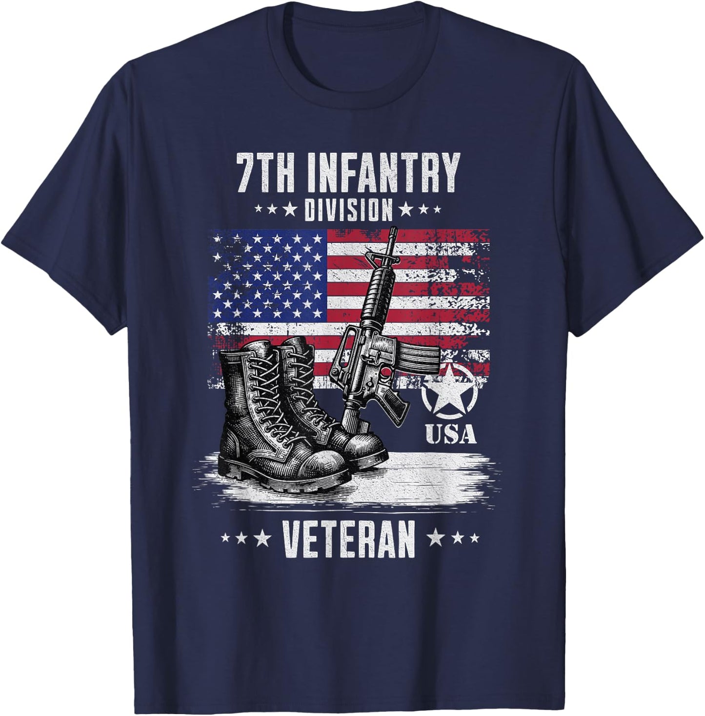 SoldierTees 7th Infantry Division Veteran Distressed -Adults - Black, Short Sleeve, Classic Fit, Military, Solid Color, Small T-Shirt - T-Shirt | Navy