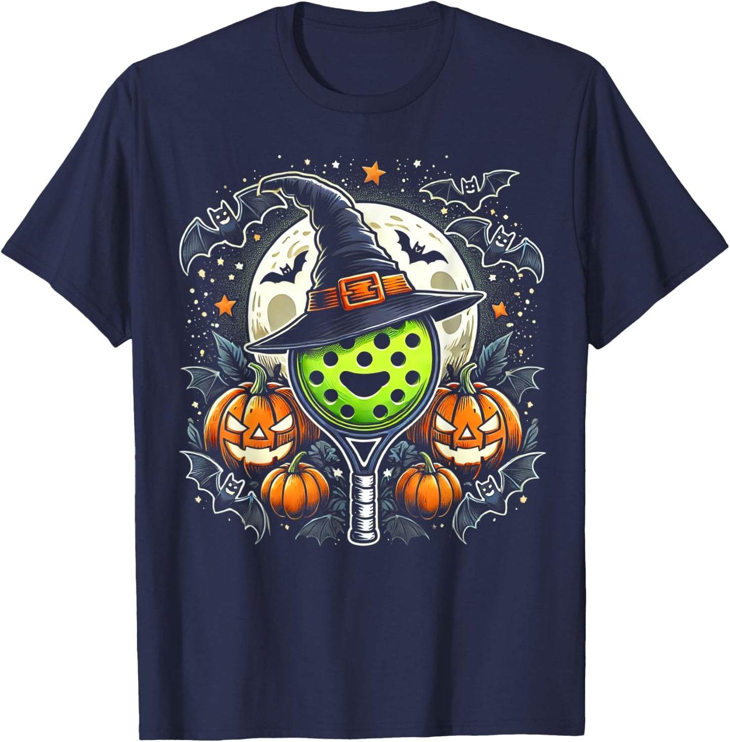 Pickleball Witch Halloween - Spooky Pumpkin Art T-Shirt - T-Shirt | Navy