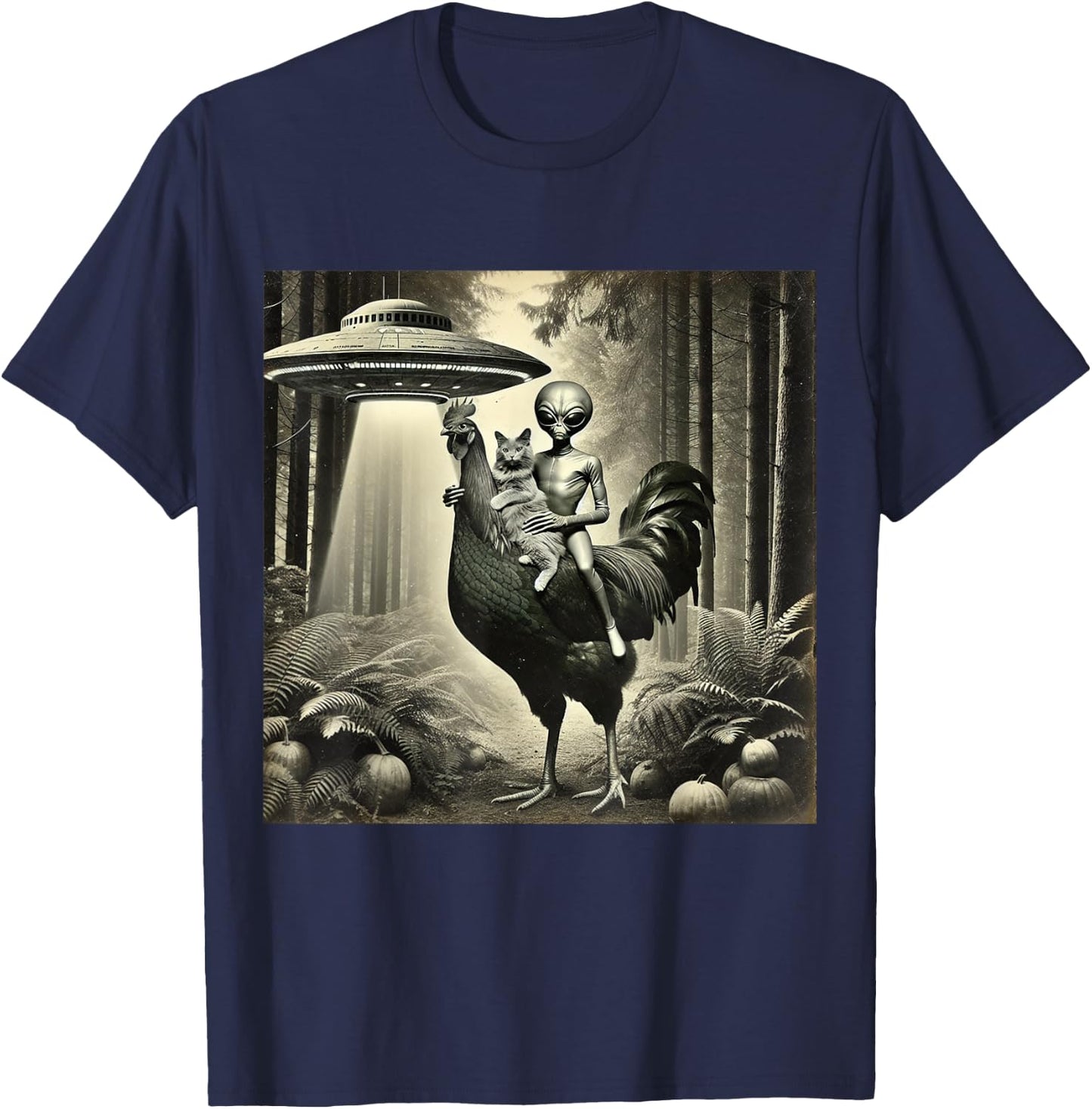 Funny UFO Alien and Cat Lovers Cat With Alien Riding Chicken -Adults, -Kids Black Short Sleeve T-Shirt - T-Shirt | Navy