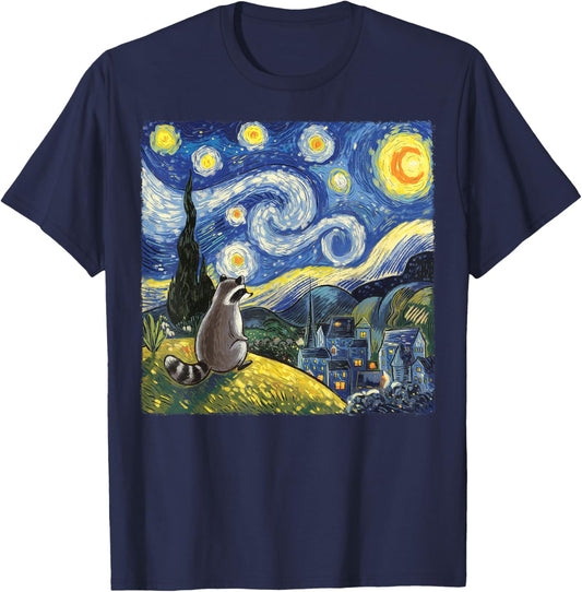 Raccoon Starry Night Van Gogh Racoon Gifts Women Kid T-Shirt - T-Shirt | Navy