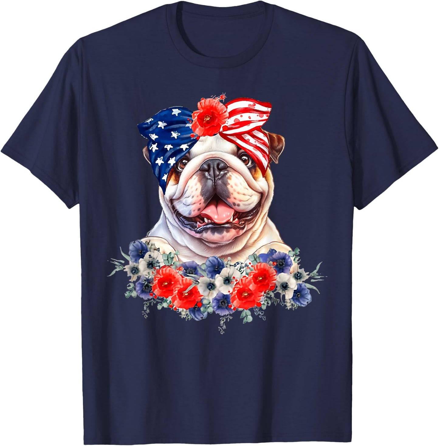 English Bulldog Dog Bandana American Flag 4th Of July T-Shirt - T-Shirt | Navy