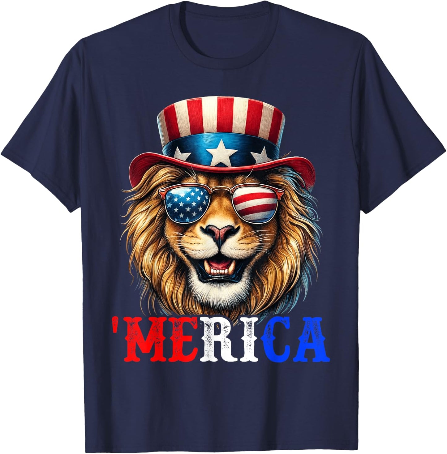 Merica Lion Patriotic 4th of July Funny Kids Men Women T-Shirt - T-Shirt | Navy