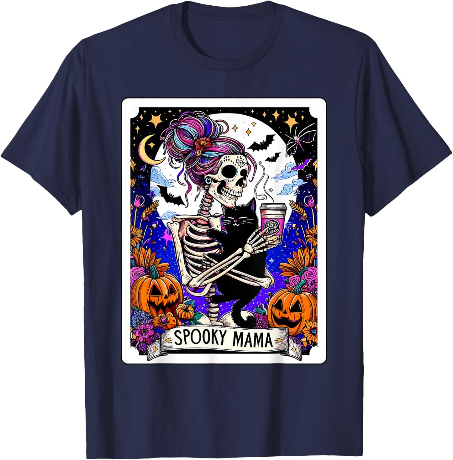 Spooky Mama Tarot Card Halloween Mom Skull Mama Black Cat Women Kids T-Shirt - T-Shirt | Navy