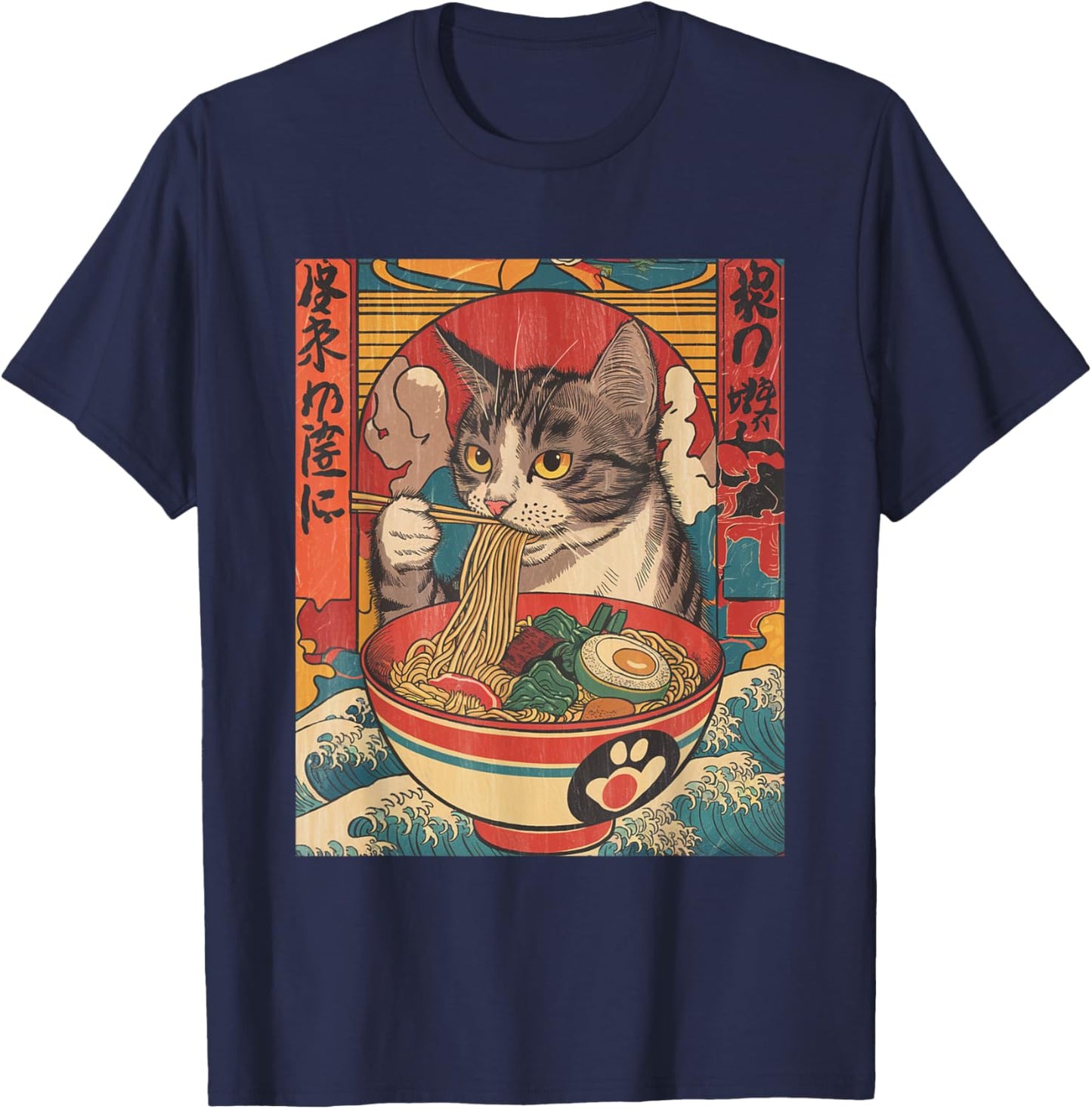 Cat Eating Ramen Noodles Kawaii Anime Cat Japanese Food T-Shirt - T-Shirt | Navy