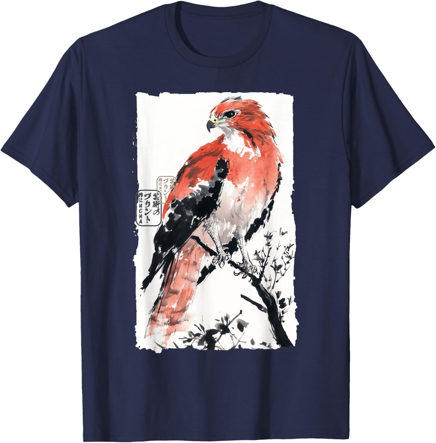 Japanese Falcon Ink Art Traditional Watercolor Sumi-E Style T-Shirt - T-Shirt | Navy