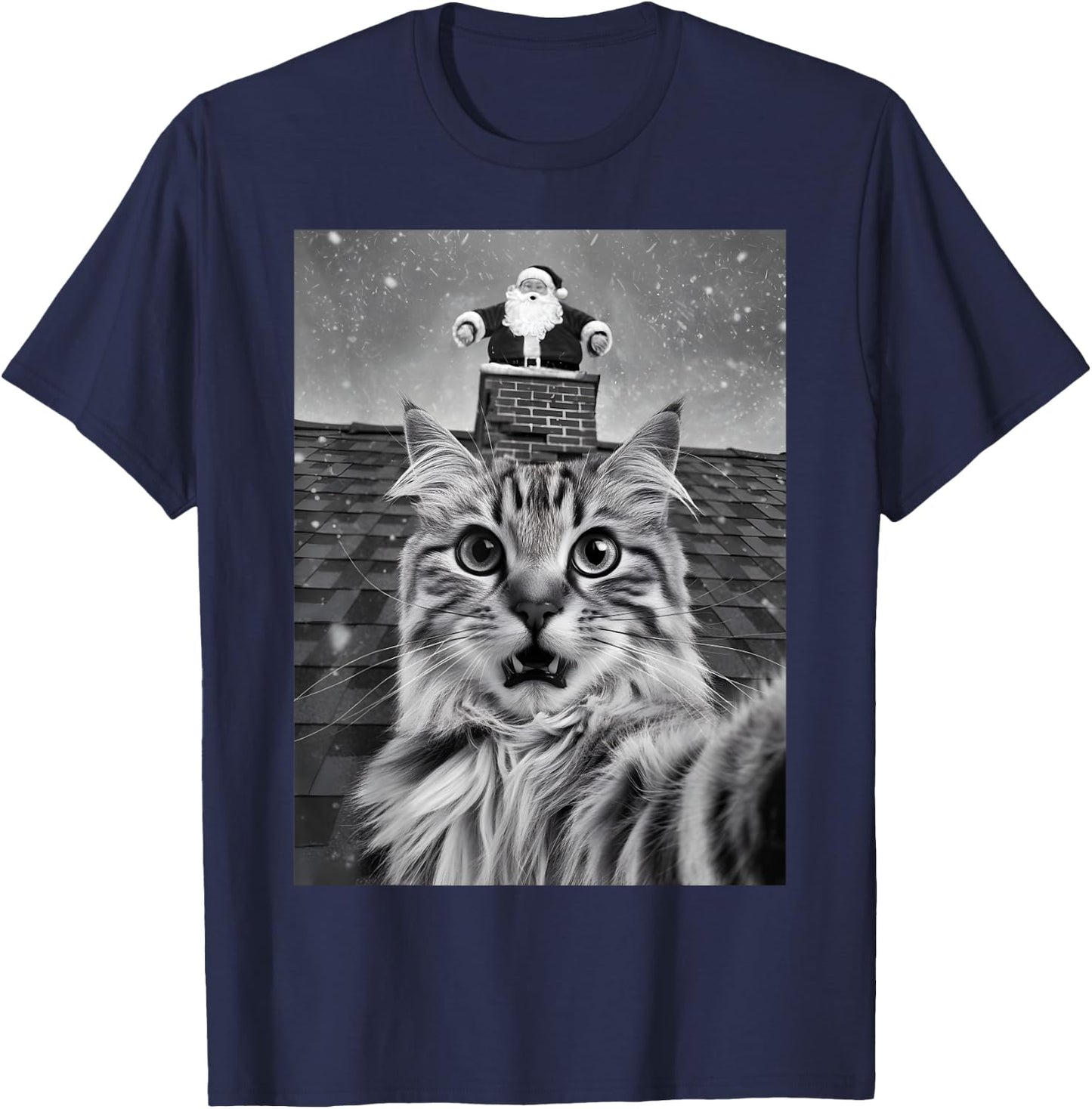 Cat Selfie With Santa Claus PJ Party Merry Christmas T-Shirt - T-Shirt | Navy