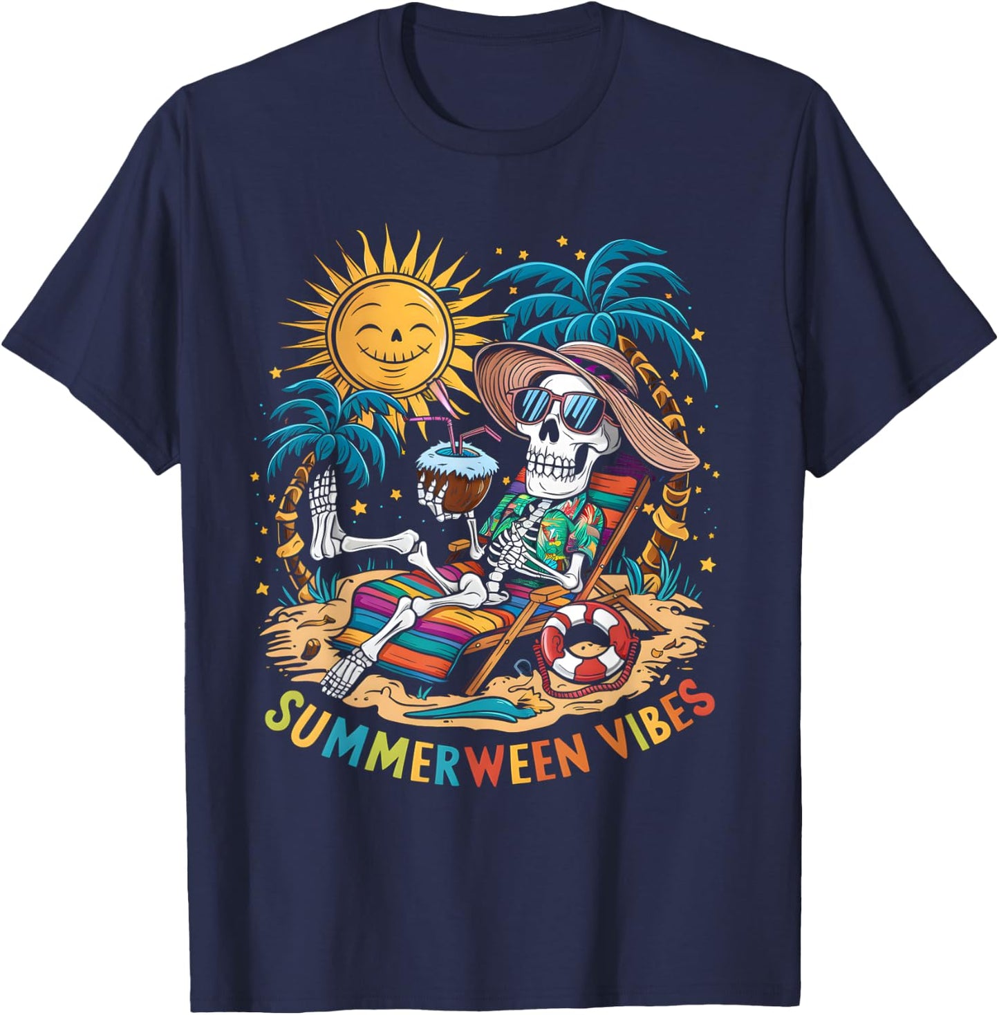 Funny Summerween Vibes Skeleton Summer Vacation Beach Men Women T-Shirt - T-Shirt | Navy