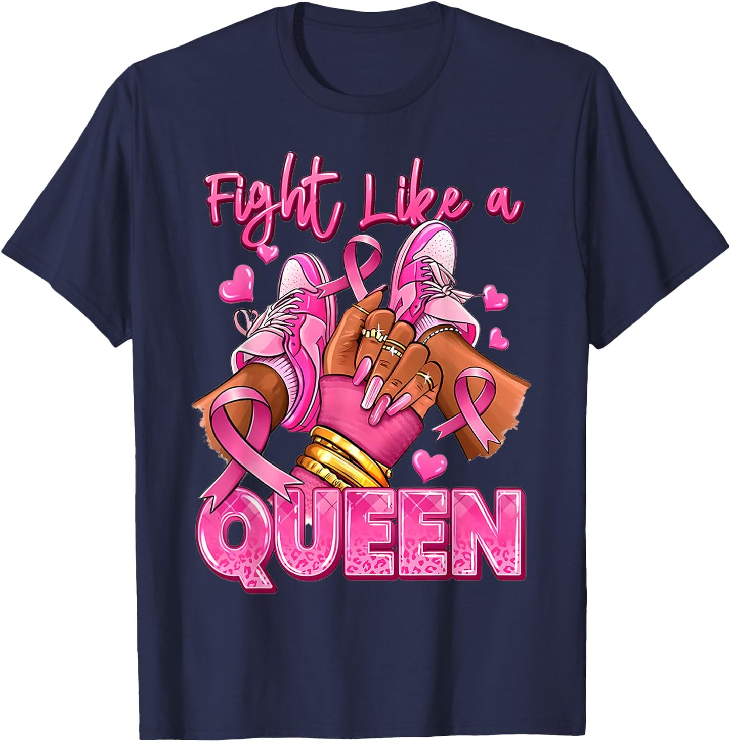 Fight Like A Queen Afro Girl Sneakers Breast Cancer Warrior T-Shirt - T-Shirt | Navy