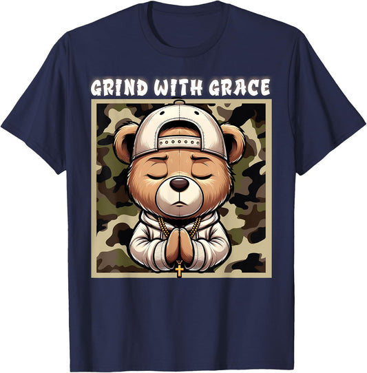 Grind With Grace Camo Hip Hop Teddy Bear Praying Christian T-Shirt - T-Shirt | Navy