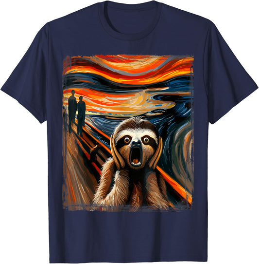 Expressionist Scream Parody Funny Animal Painting Art Sloth T-Shirt - T-Shirt | Navy