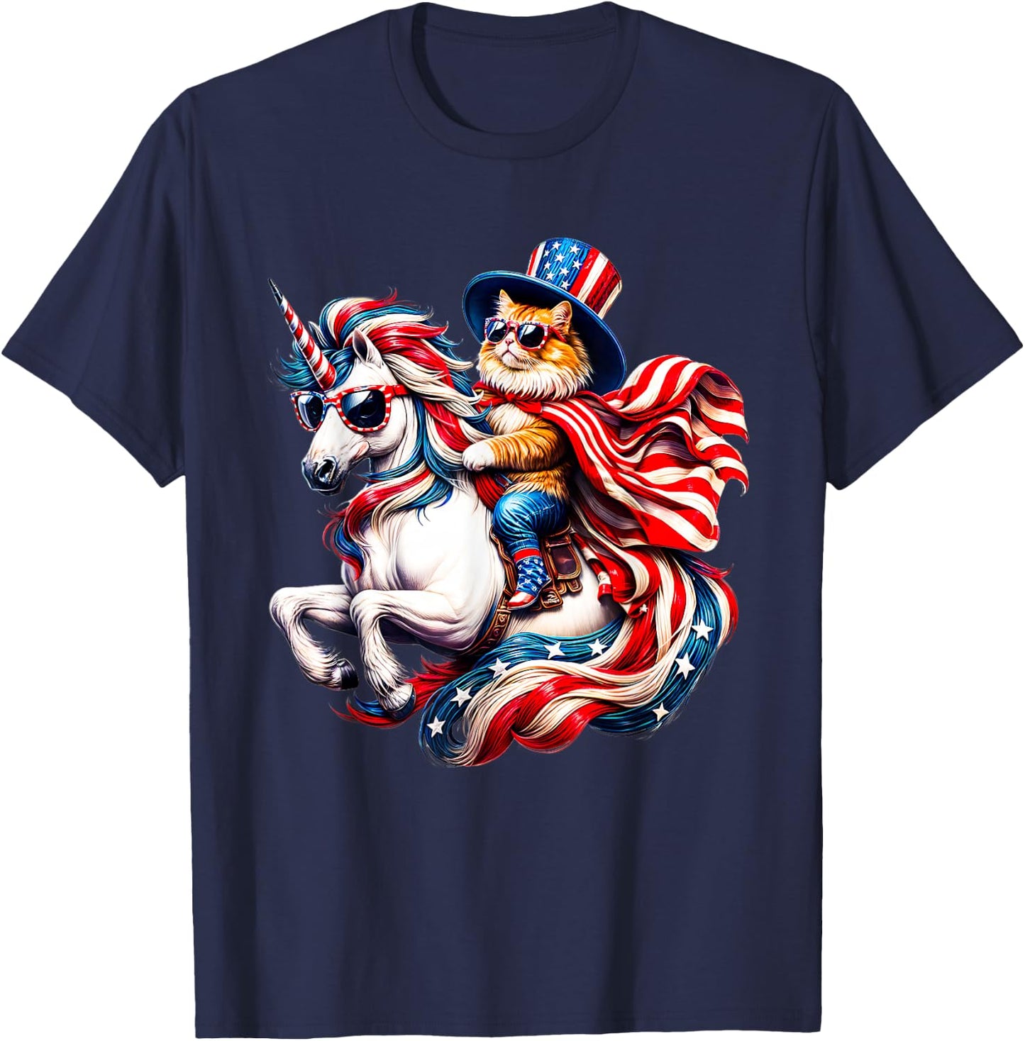 Cat Riding Unicorn USA Flag Patriotic 4th of July T-Shirt - T-Shirt | Navy