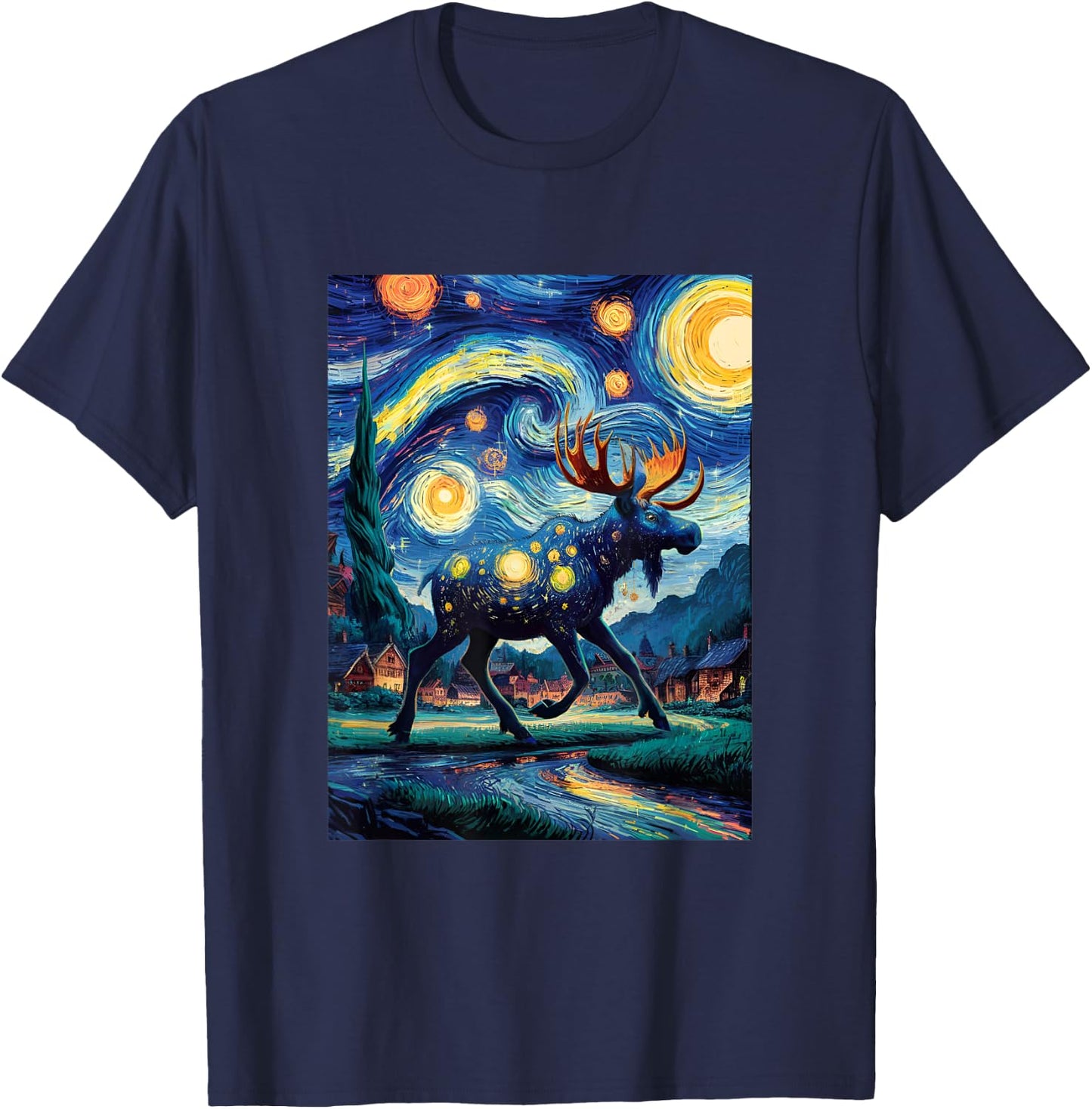 Artistic Moose Van Gogh Style Starry Night The Moose Lovers T-Shirt - T-Shirt | Navy