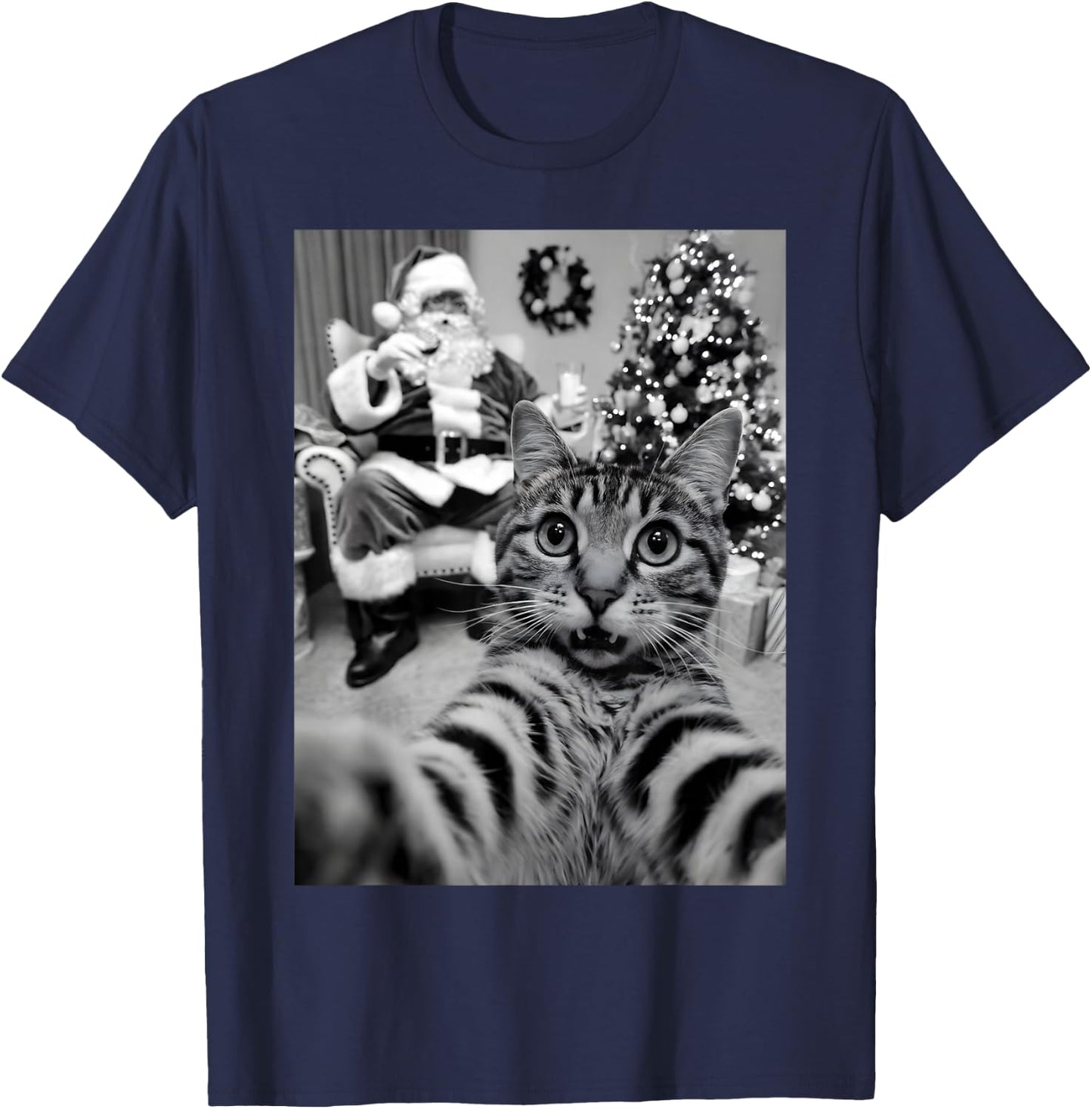 Christmas Santa Claus Merry X-Mas Funny Cat Selfie T-Shirt - T-Shirt | Navy