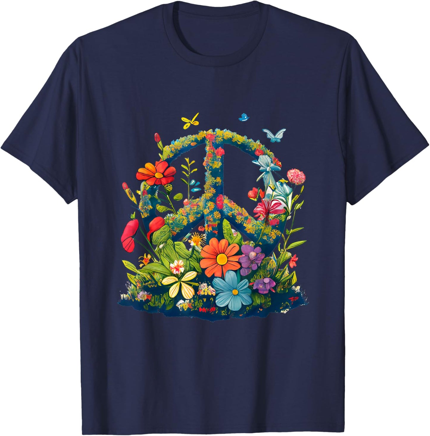 Peace Sign with Flowers and Butterflies, Peace T-Shirt - T-Shirt | Navy