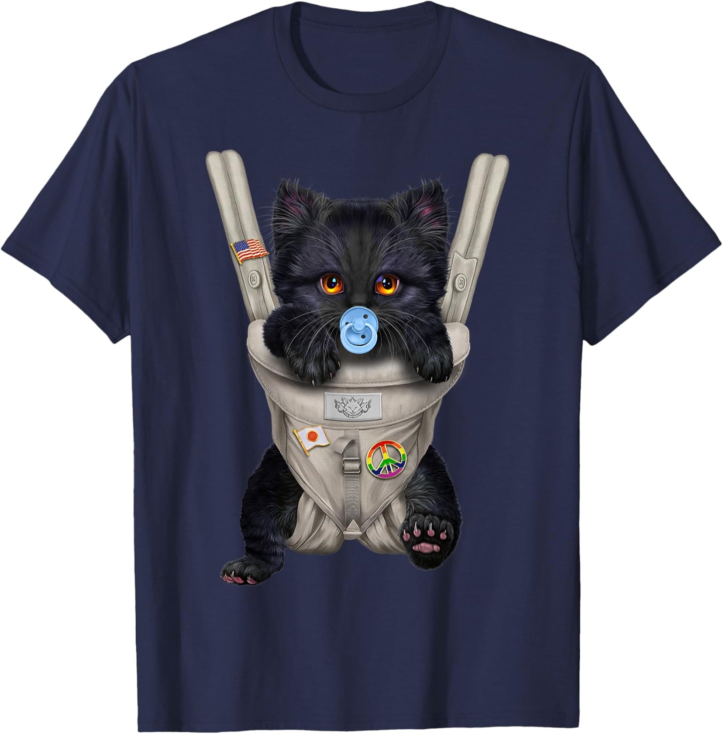 Fluffy Black Cat with Pacifier in Baby Carrier Women Kids T-Shirt - T-Shirt | Navy